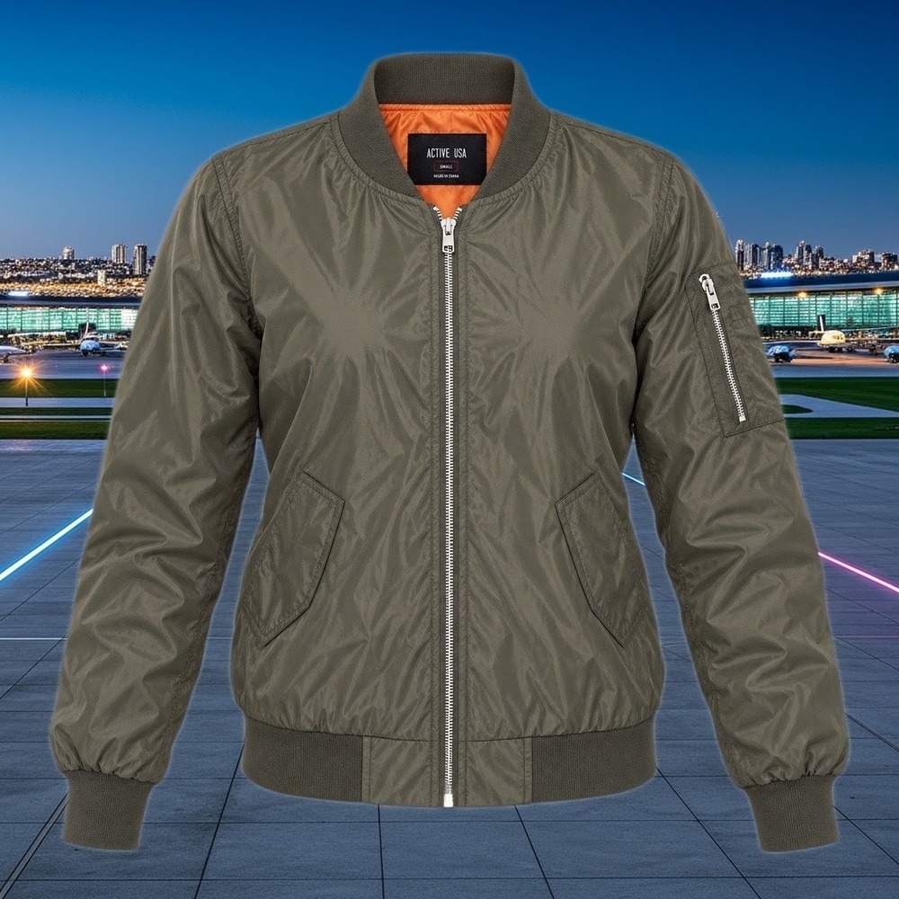 Active USA Olive Green MA-1 Bomber Flight Jacket Womans Small Orange Lined